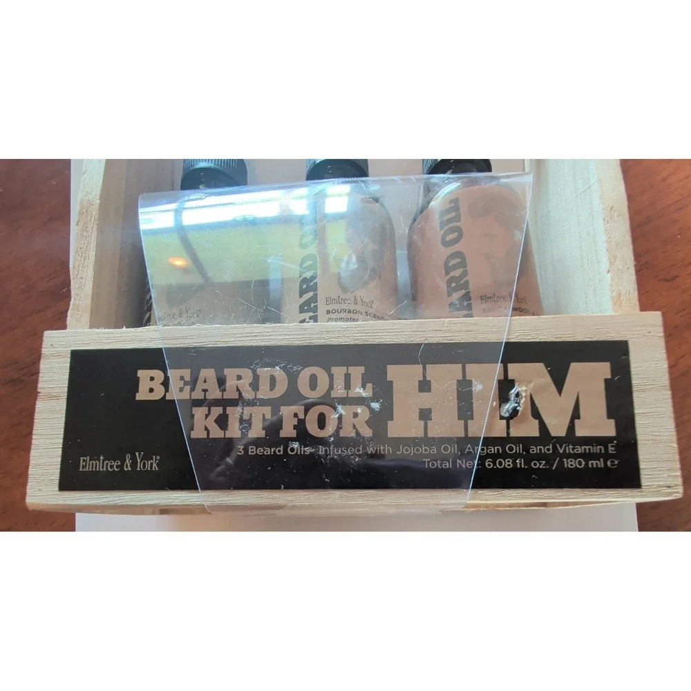 Elmtree & York Beard Oil Kit For Him 3 Pack Wooden Caddy Gift Set